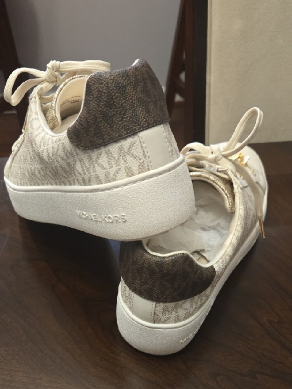 Michael Kors White and Gold Signature Lace-Up Sneakers - Picture 3 of 5